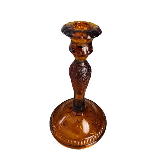 Vintage 8.5” T Tierra Amber Brown Press Cut Glass Candlestick Holder Home Decor - Picture 14 of 16